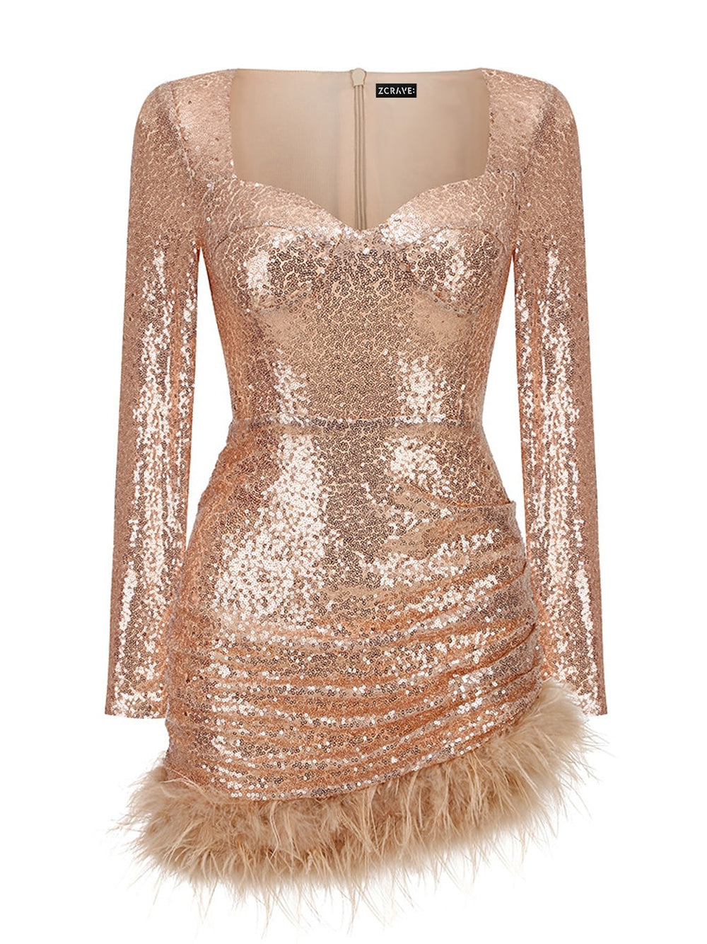 Gold Sweetheart Illusion Long Sleeve Sequin Feather Hem Bodycon Mini Dress