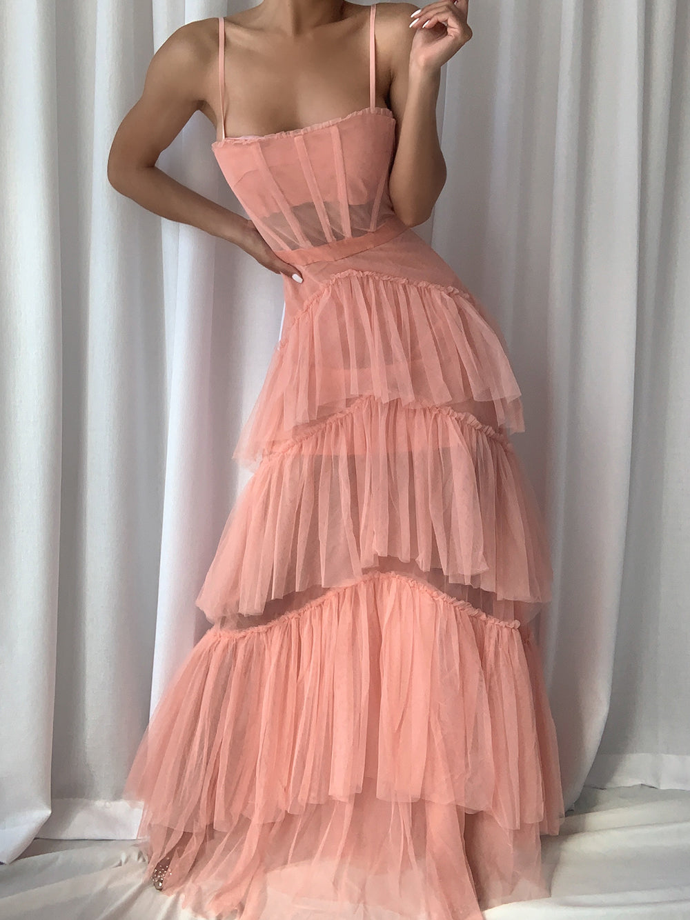 Pink Spaghetti Strap Corset Tiered Tulle Ruffle A-Line Maxi Gown 2