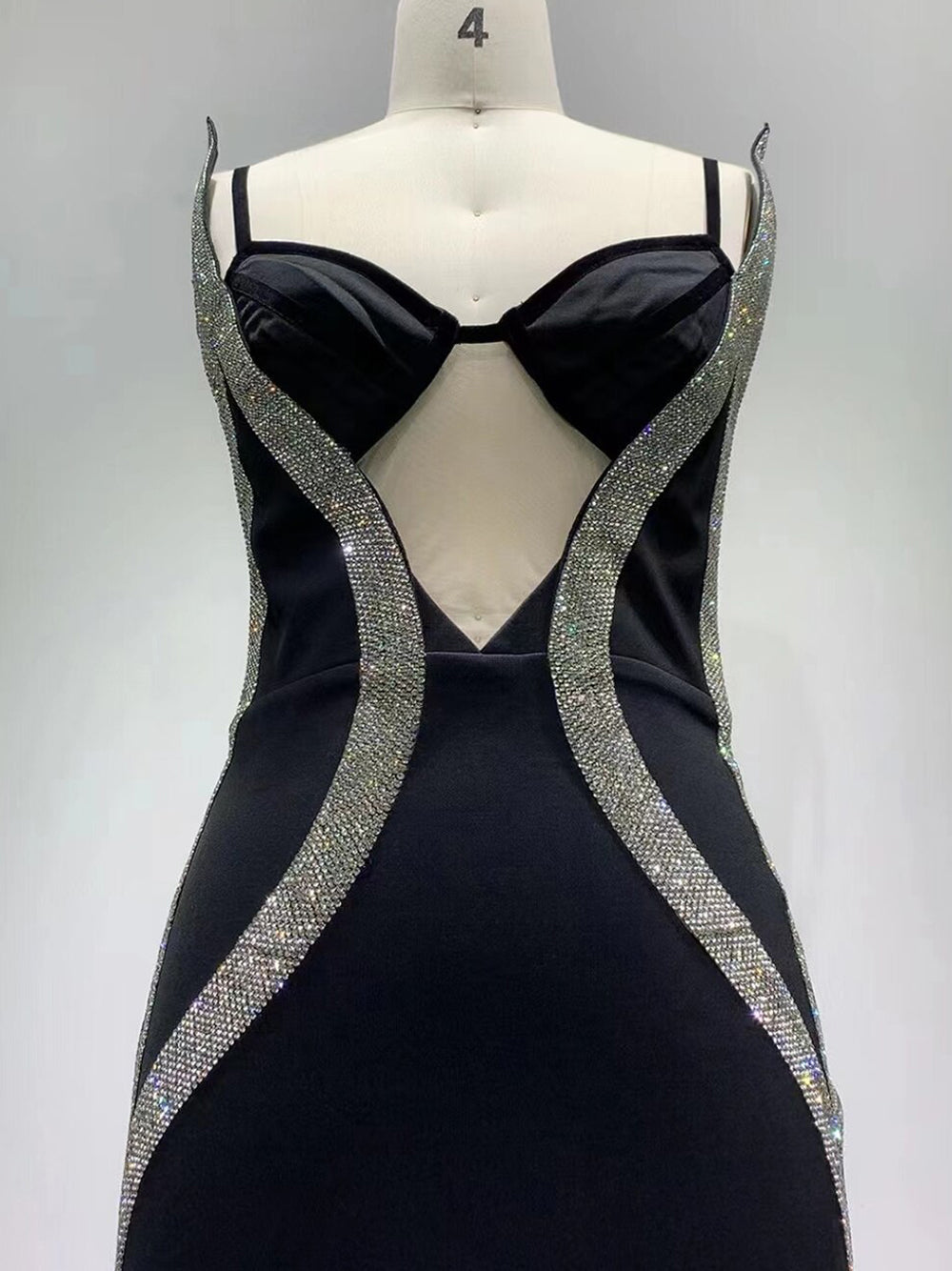 Black Spaghetti Strap Rhinestone Swirl Cutout Bodycon Mini Dress 9