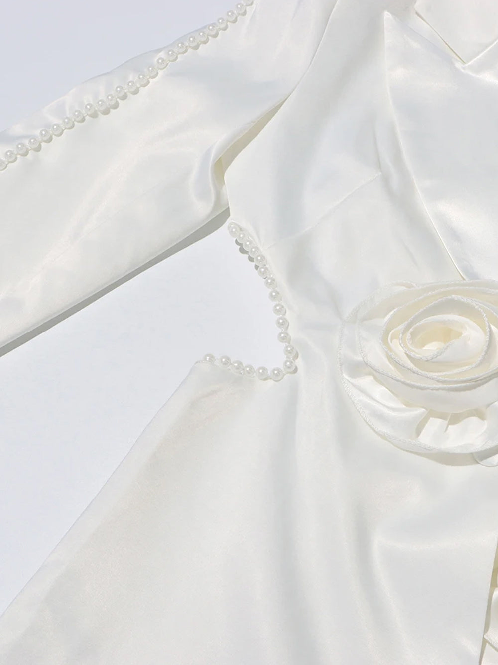 White Rosette Applique Satin Blazer and Pearl Beaded Pants Set