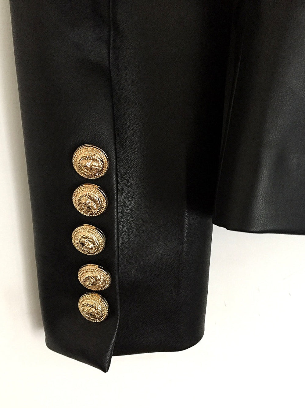 Black Peak Lapel Double-Breasted Gold Button Leather Blazer