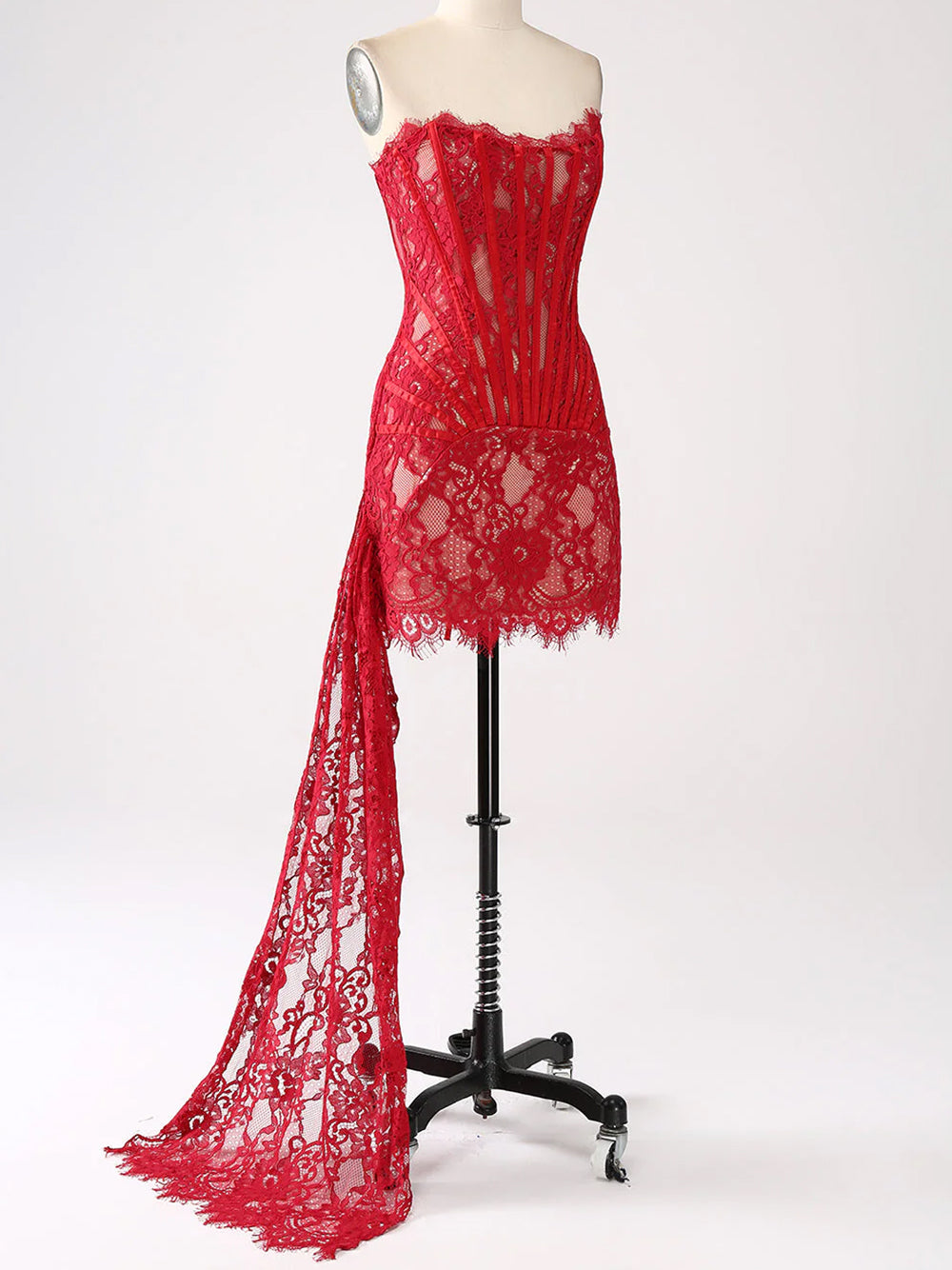 Red Strapless Eyelash Lace Corset Ruched Bodycon Mini Dress 12
