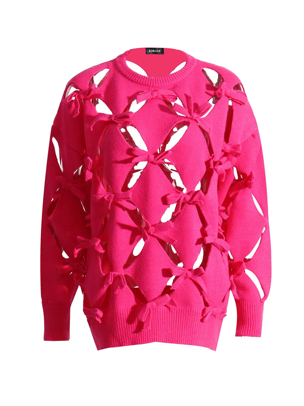 Fuchsia Round Neck Bow Cutout Long Sleeve Knit Sweater