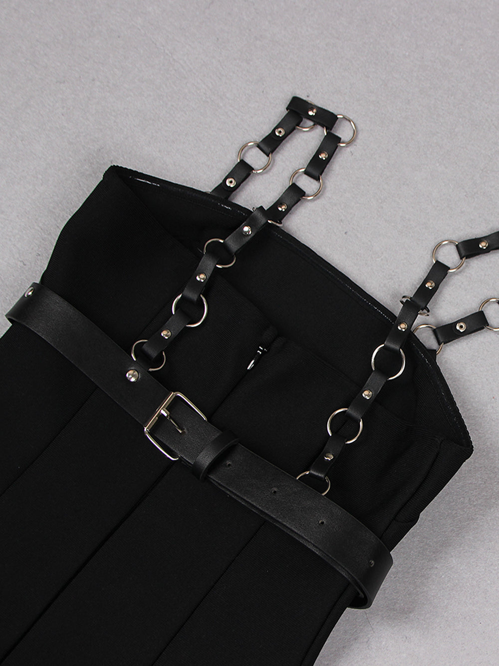 Black Strappy Harness Caged Studded High Slit Bodycon Maxi Dress 13
