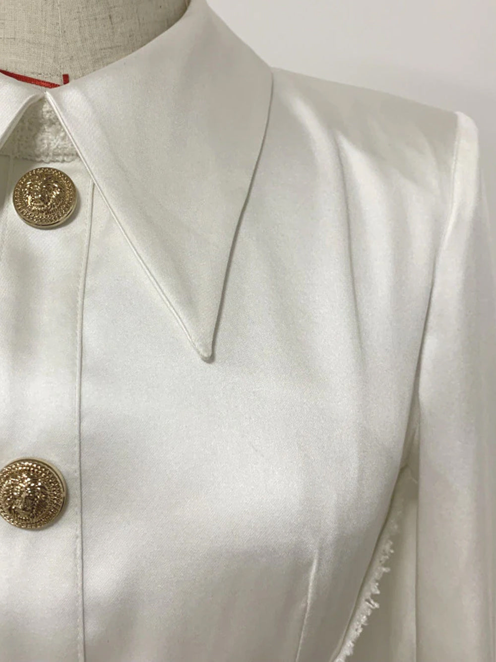 White Collared Gold Button Satin Tweed Long Sleeve Bodycon Mini Dress