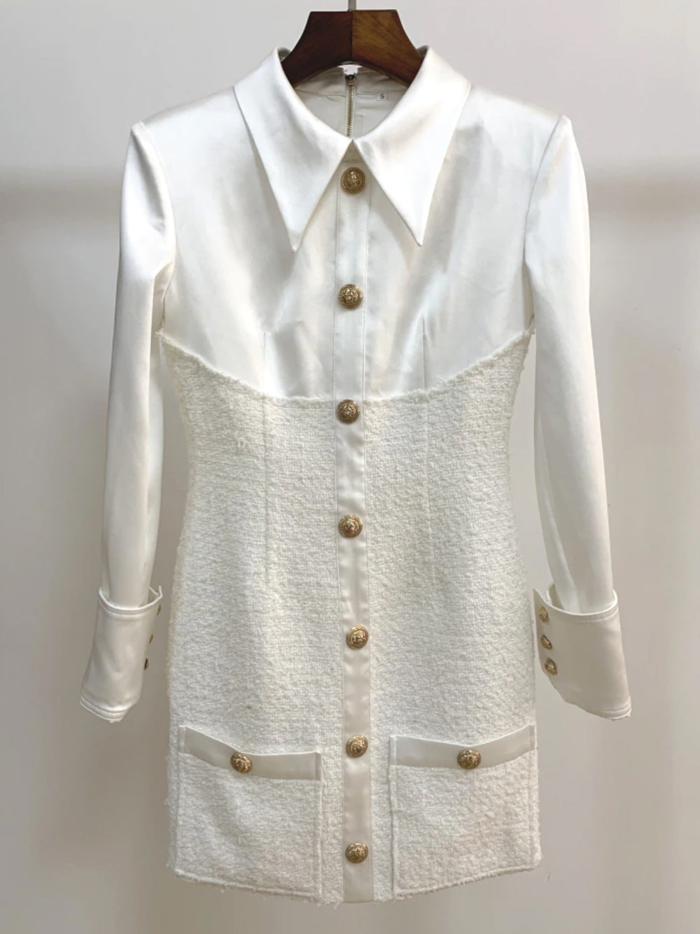 White Collared Gold Button Satin Tweed Long Sleeve Bodycon Mini Dress