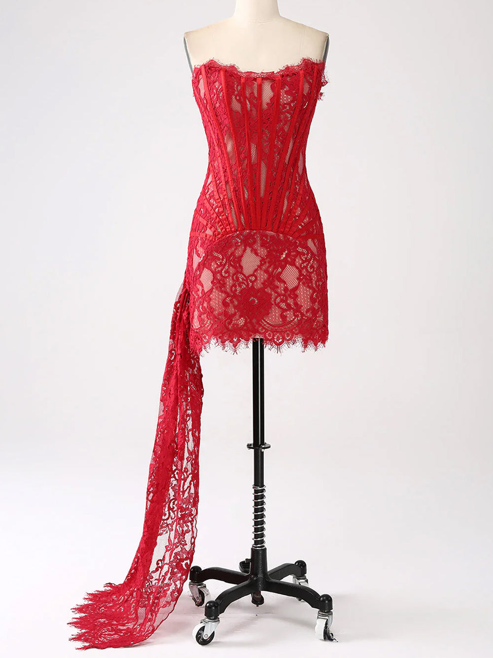 Red Strapless Eyelash Lace Corset Ruched Bodycon Mini Dress 9
