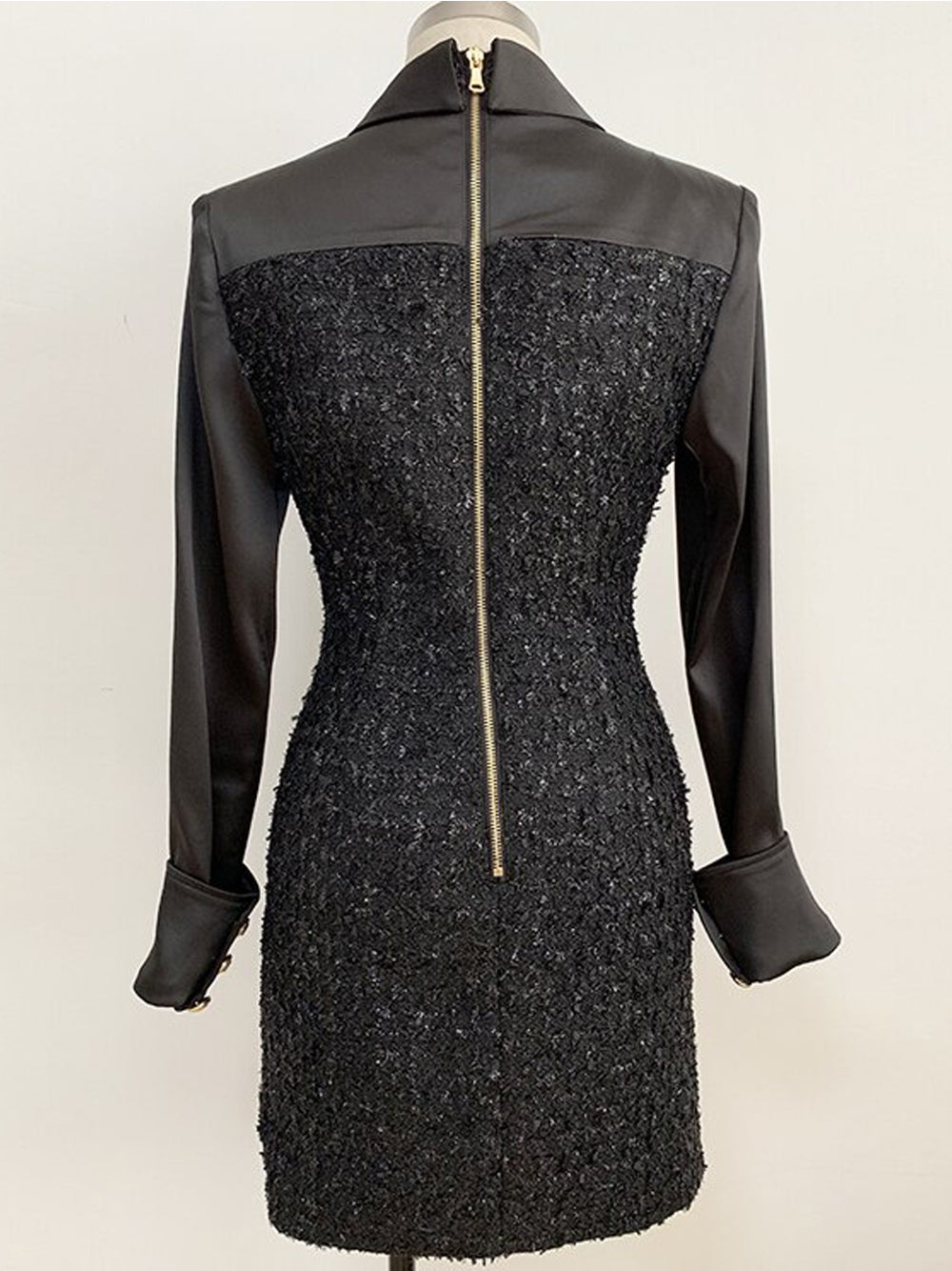 Black Collared Gold Button Tinsel Tweed Long Sleeve Bodycon Mini Dress
