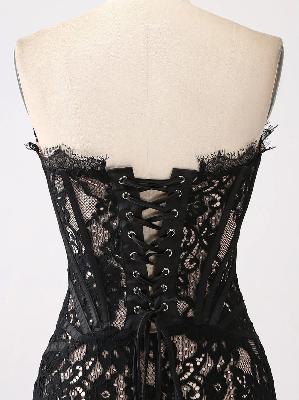 Black Strapless Eyelash Lace Corset Ruched Bodycon Mini Dress 13