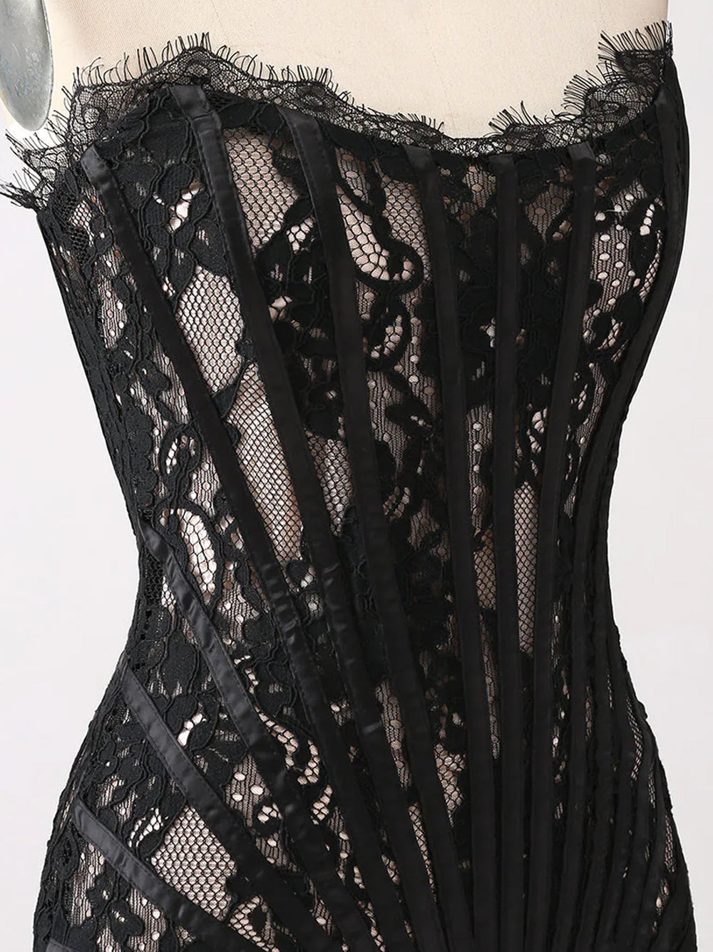 Black Strapless Eyelash Lace Corset Ruched Bodycon Mini Dress 14