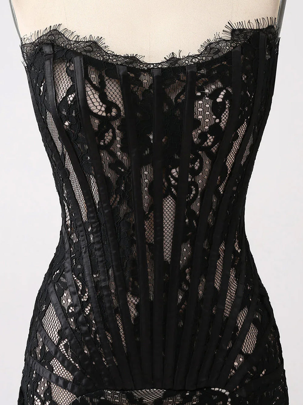 Black Strapless Eyelash Lace Corset Ruched Bodycon Mini Dress 12