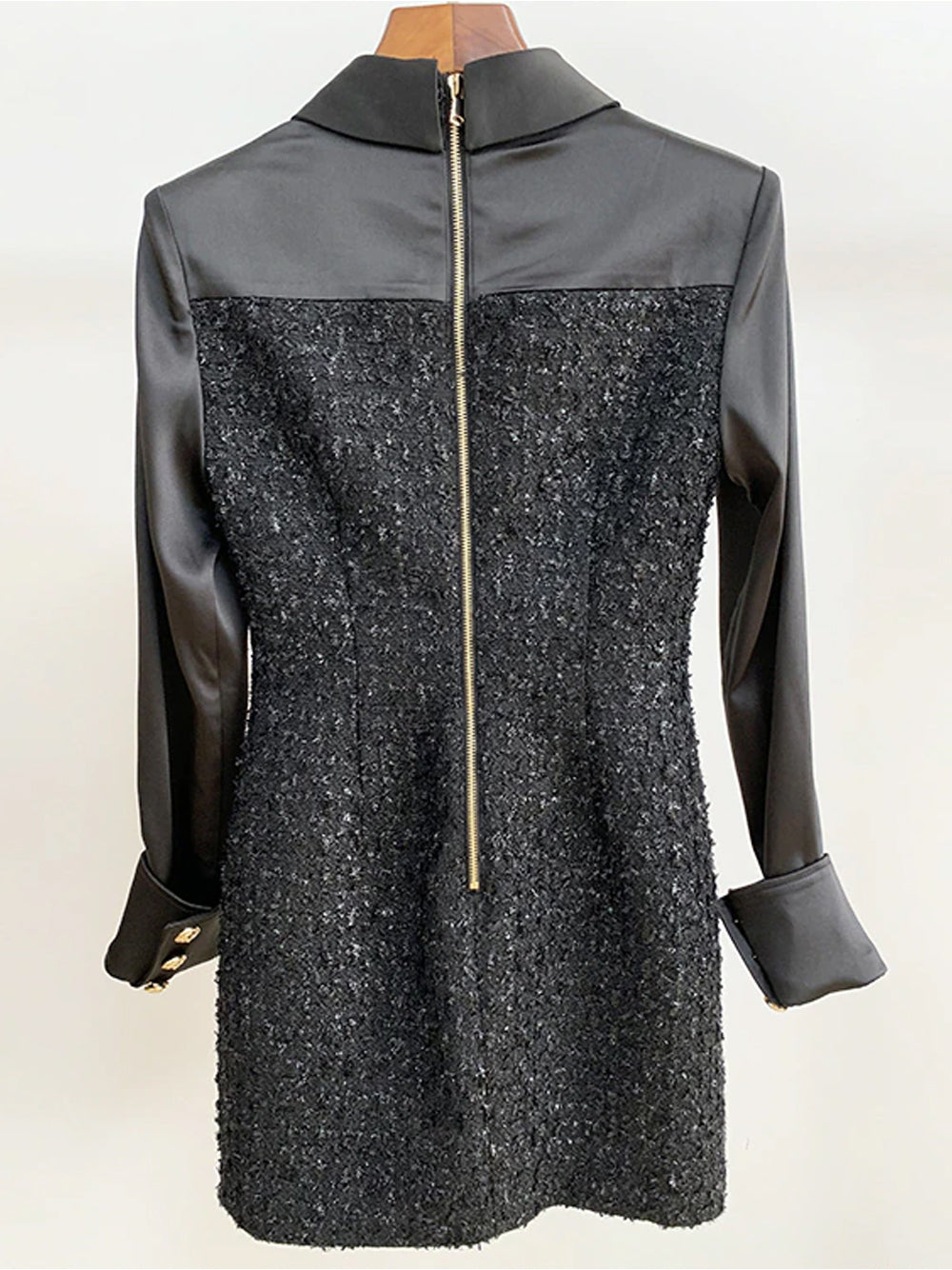 Black Collared Gold Button Tinsel Tweed Long Sleeve Bodycon Mini Dress