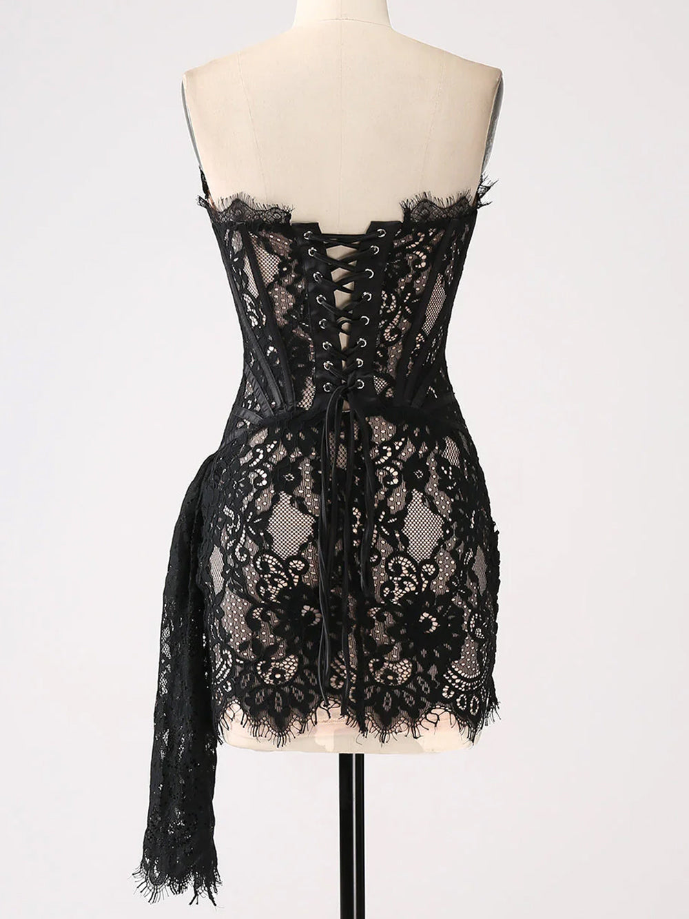 Black Strapless Eyelash Lace Corset Ruched Bodycon Mini Dress 11