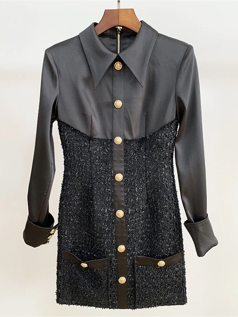 Black Collared Gold Button Tinsel Tweed Long Sleeve Bodycon Mini Dress