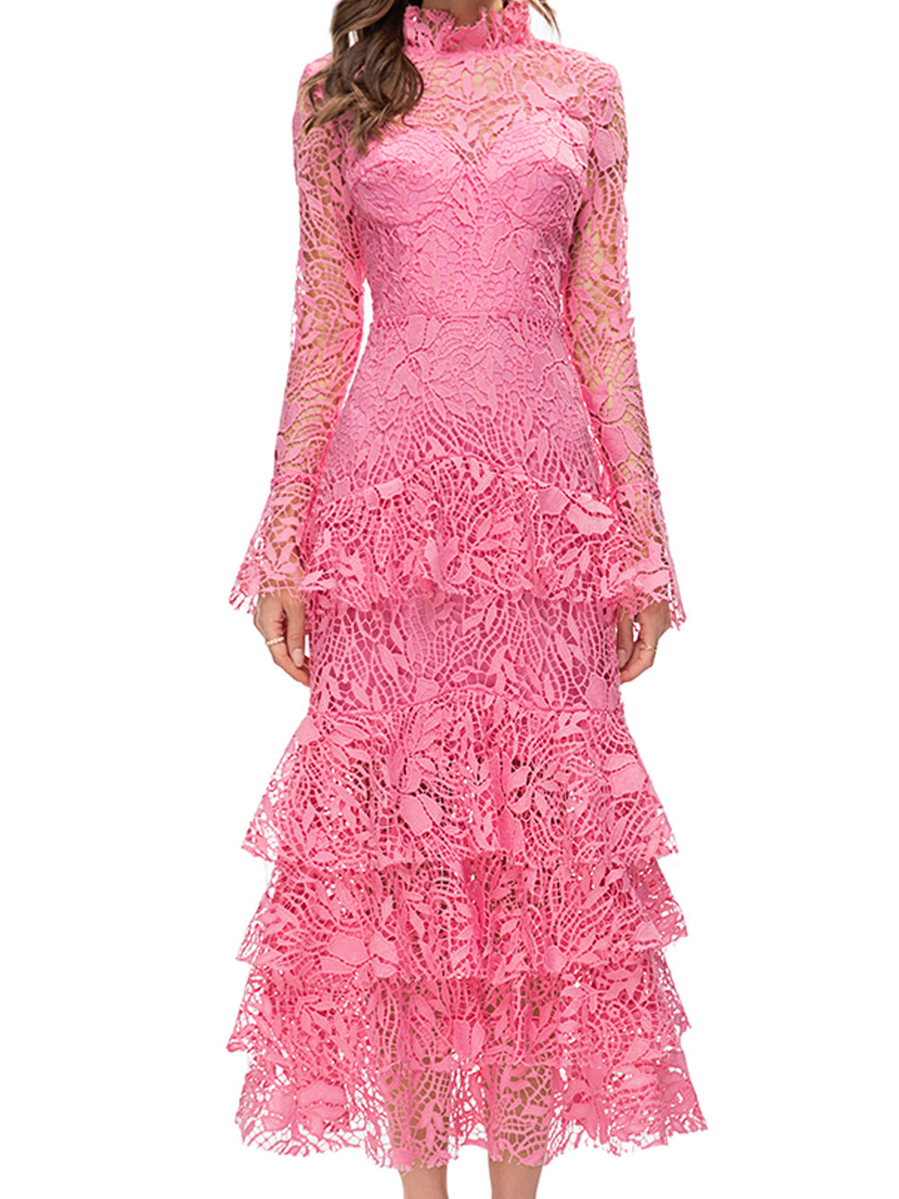 Pink Ruffle High Neck Bell Sleeve Crochet Lace Tiered Mermaid Maxi Dress 5