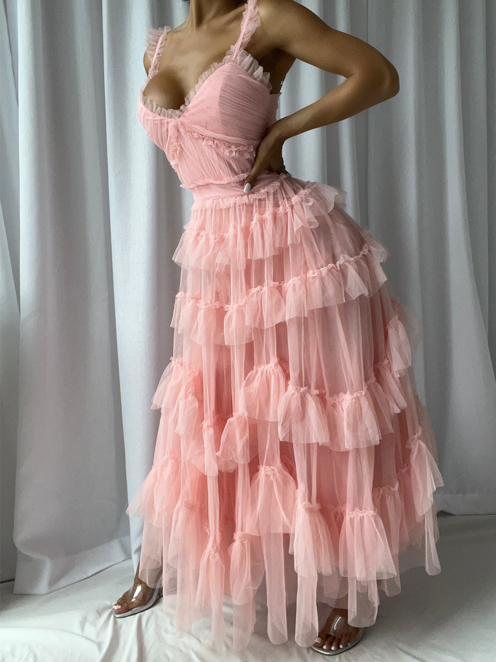 Pink Ruffle Strap Sweetheart Tiered Tulle Fit-and-Flare Maxi Dress 6
