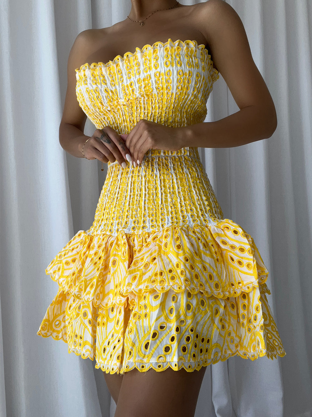 Yellow Strapless Eyelet Embroidery Shirred Tiered Ruffle Mini Dress