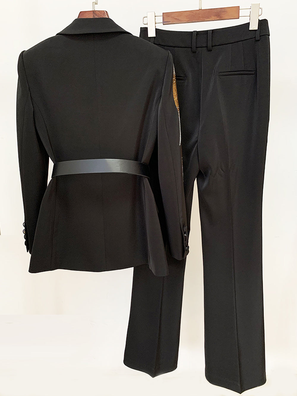 Black Rhinestone Embellished Belted Blazer and Pants Set 6