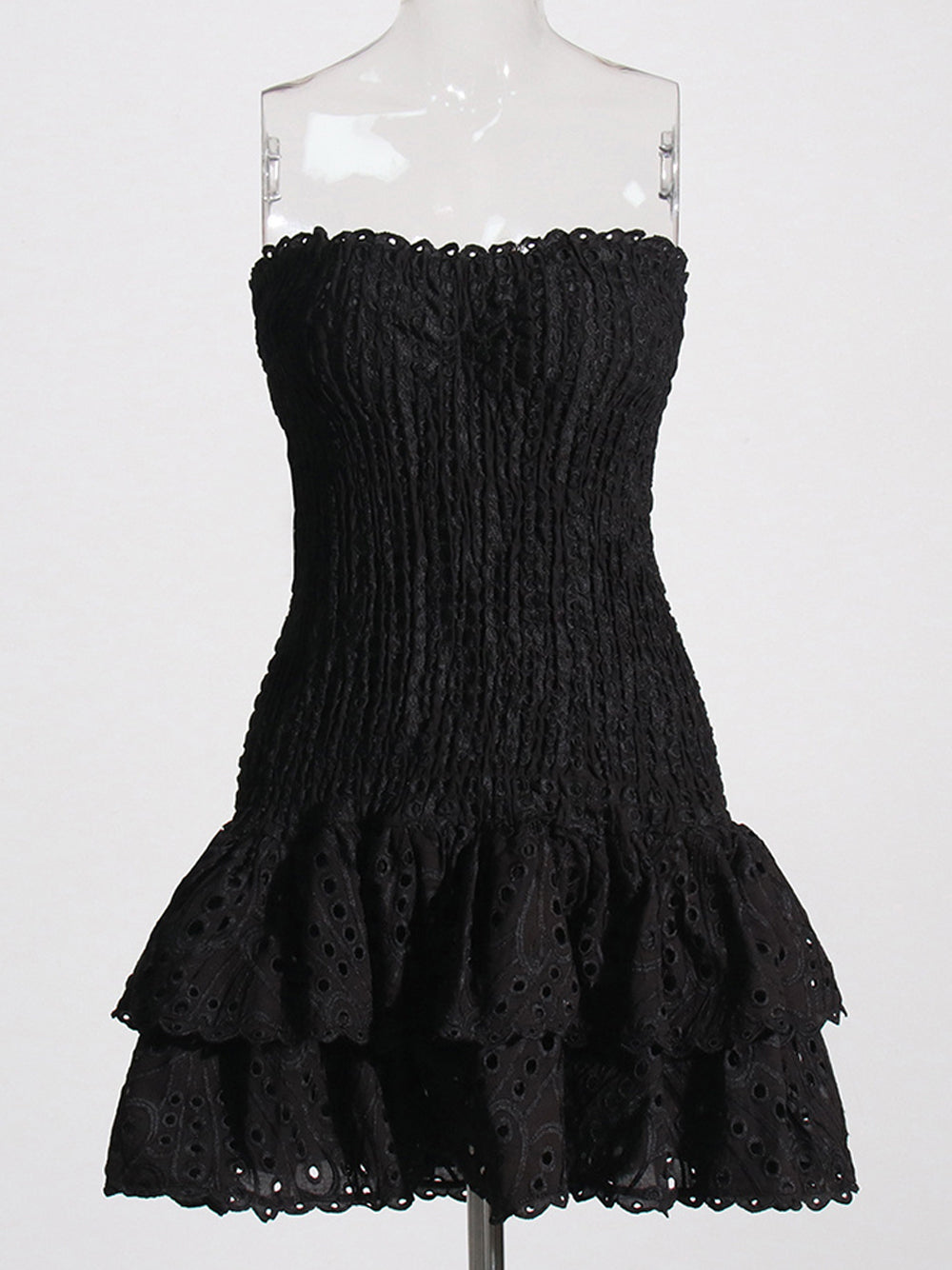 Strapless Shirred Bodice Eyelet Tiered Ruffle Bodycon Mini Dress 18