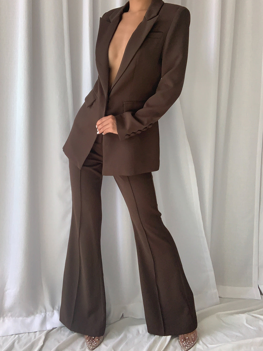 Brown Peak Lapel Tailored Blazer And Flared Pants Set