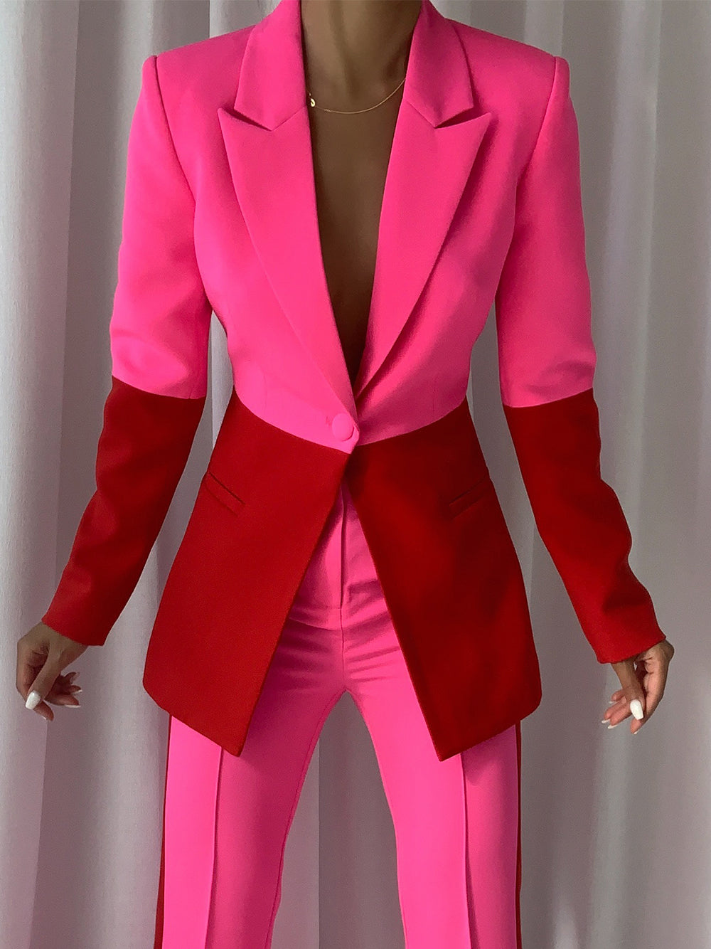 Fuchsia Peak Lapel Color-Block Button Cuff Blazer and Pants Set 4