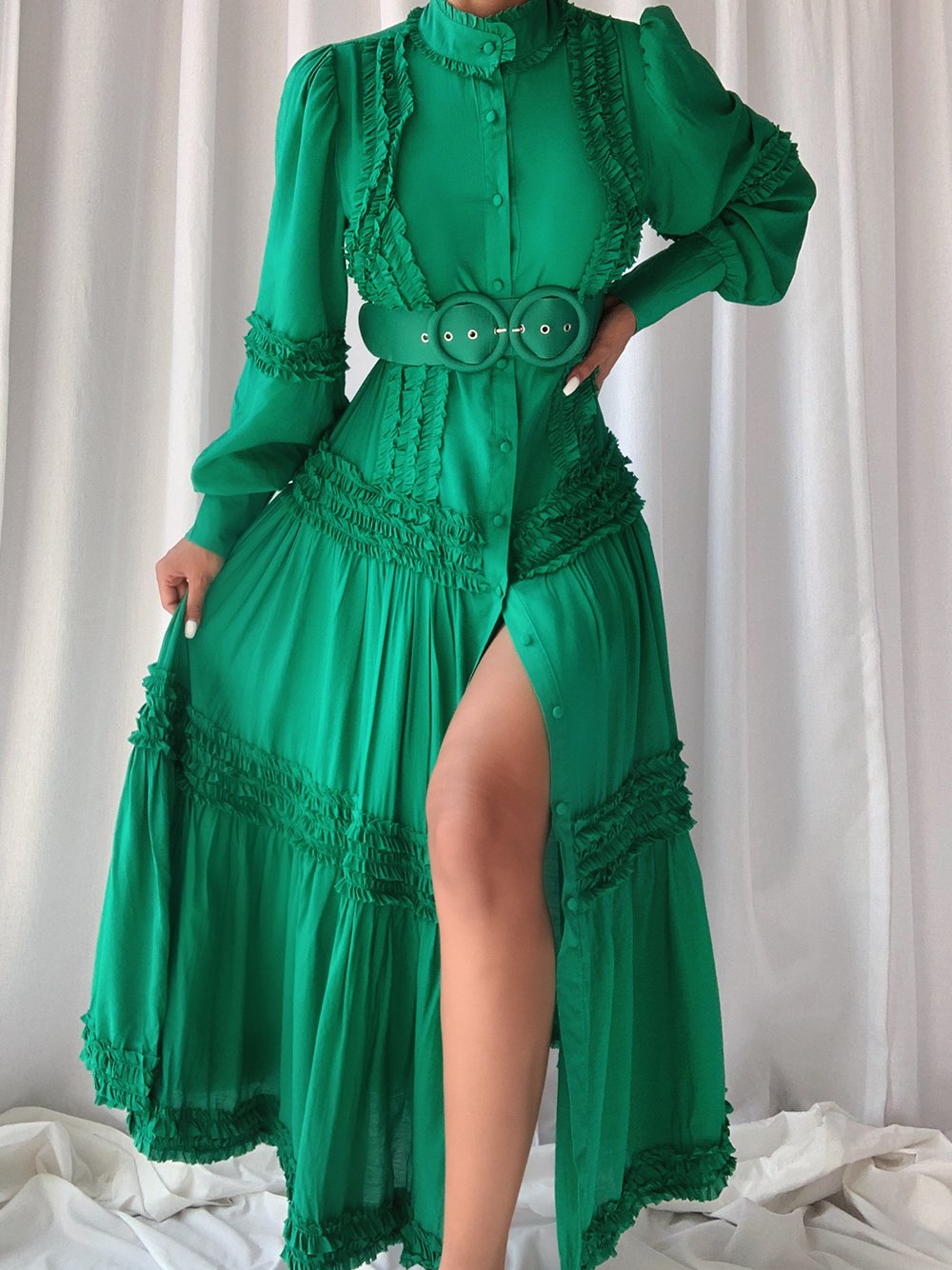 Green High Neck Button Front Bishop Sleeve Ruffle Belted Tiered Midi Dress 4