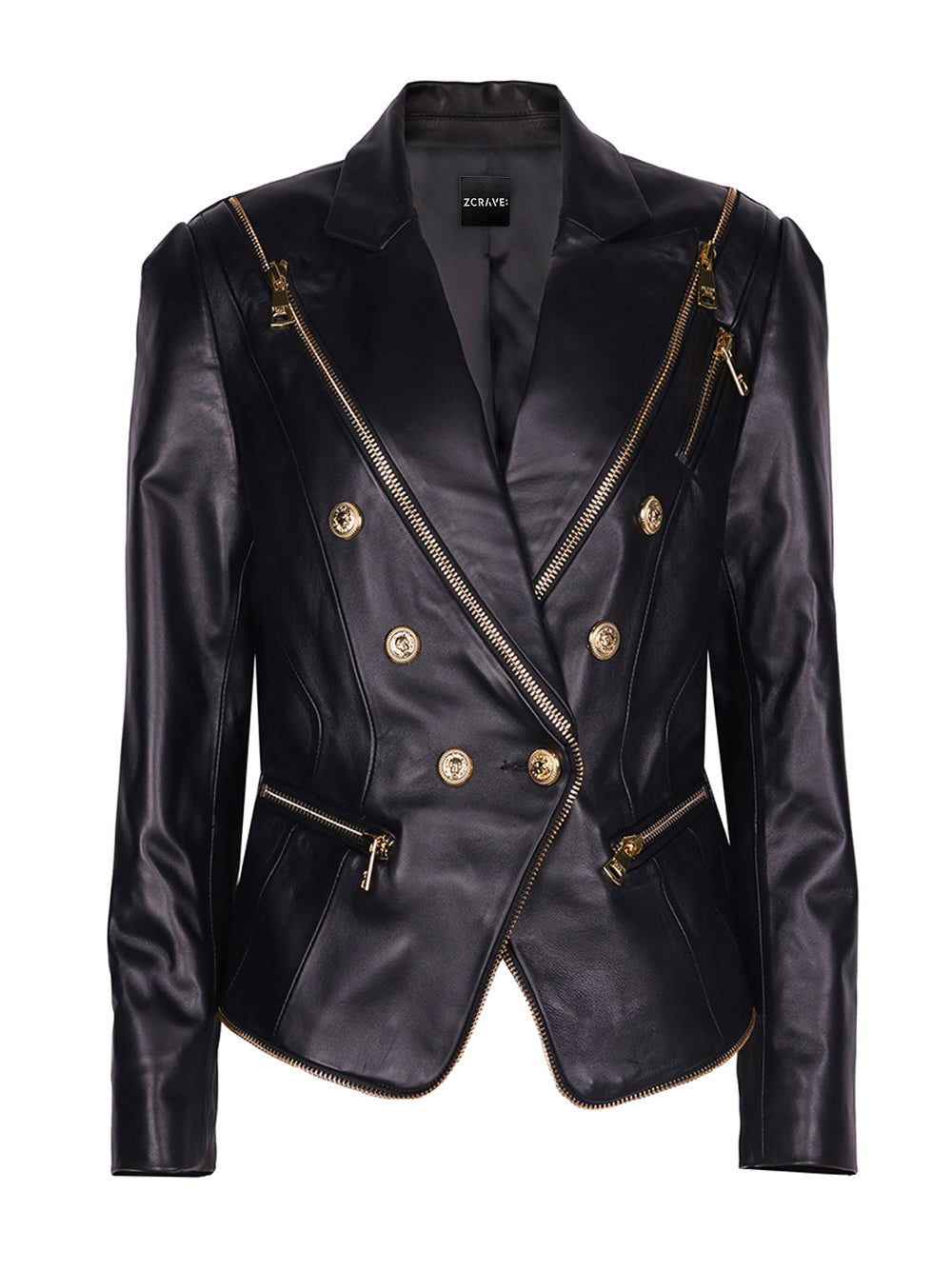 Black Peak Lapel Double Breasted Gold Button Zip Leather Blazer