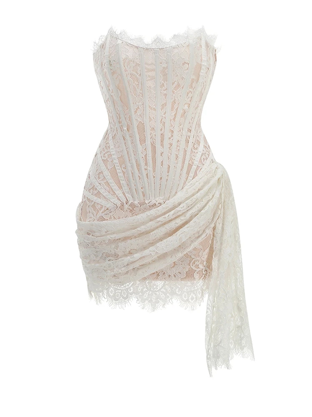 White Strapless Eyelash Lace Corset Ruched Bodycon Mini Dress 7