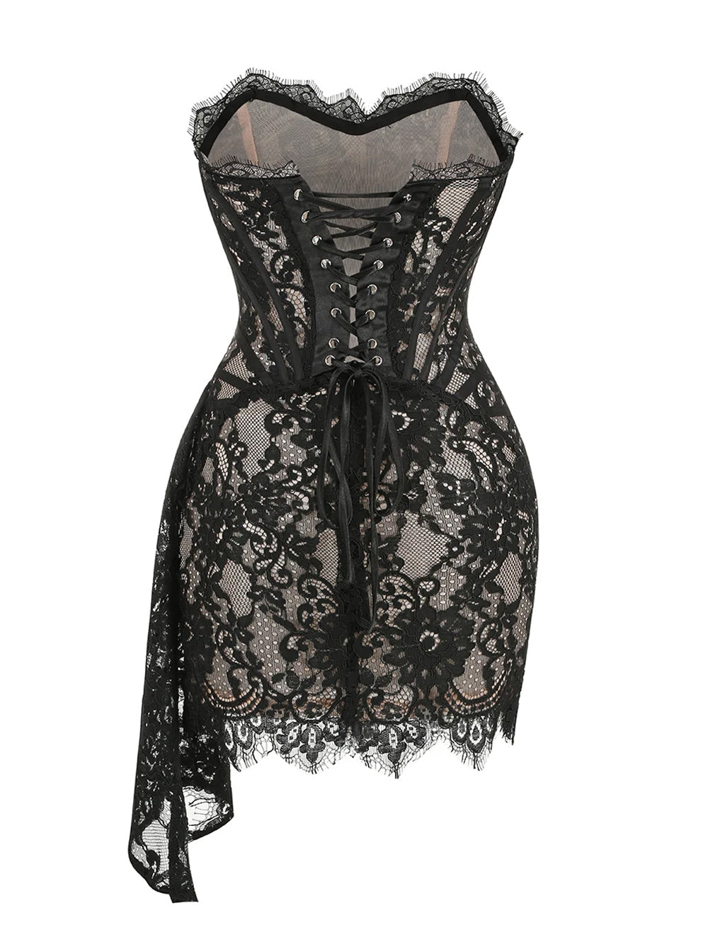 Black Strapless Eyelash Lace Corset Ruched Bodycon Mini Dress 5