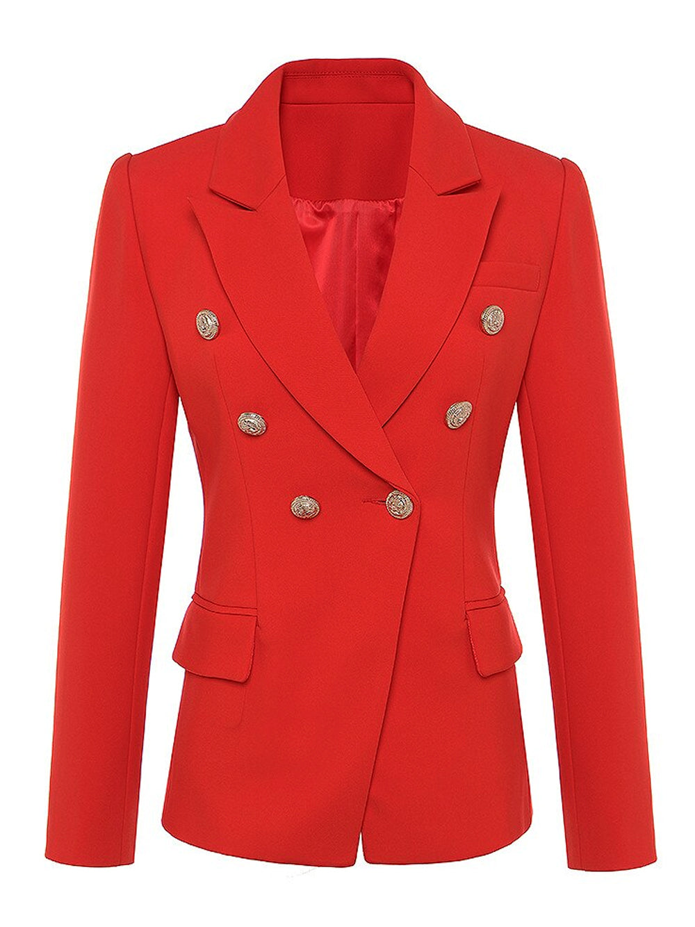 Red Peaked Lapel Gold Button Double-Breasted Blazer 4
