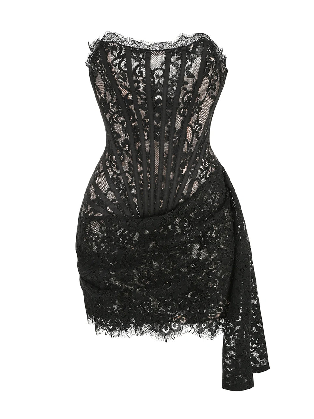 Black Strapless Eyelash Lace Corset Ruched Bodycon Mini Dress 4