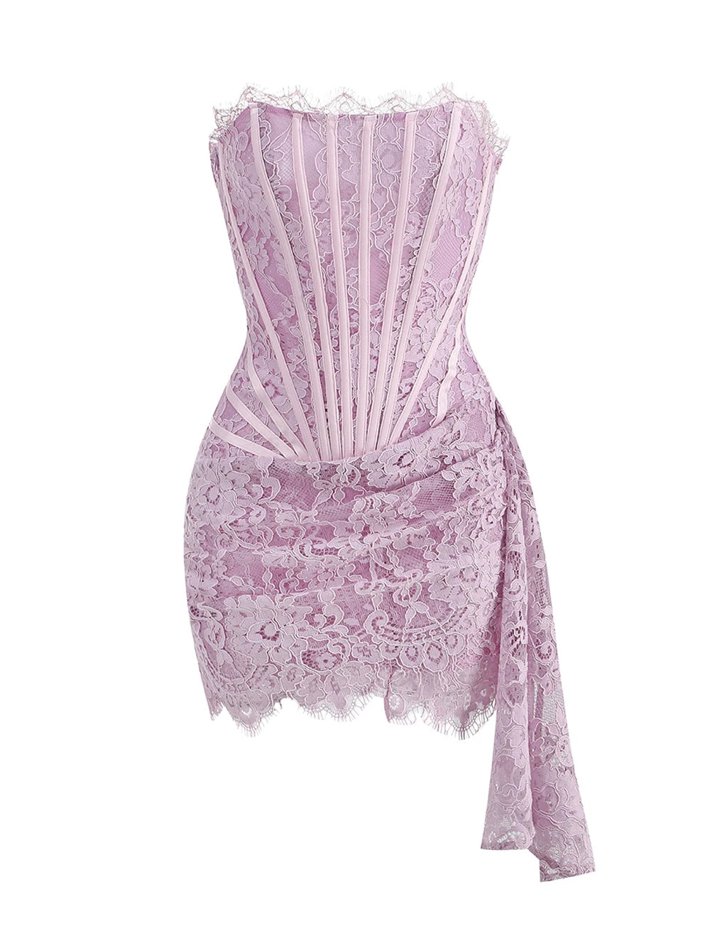 Lavender Strapless Eyelash Lace Corset Ruched Bodycon Mini Dress