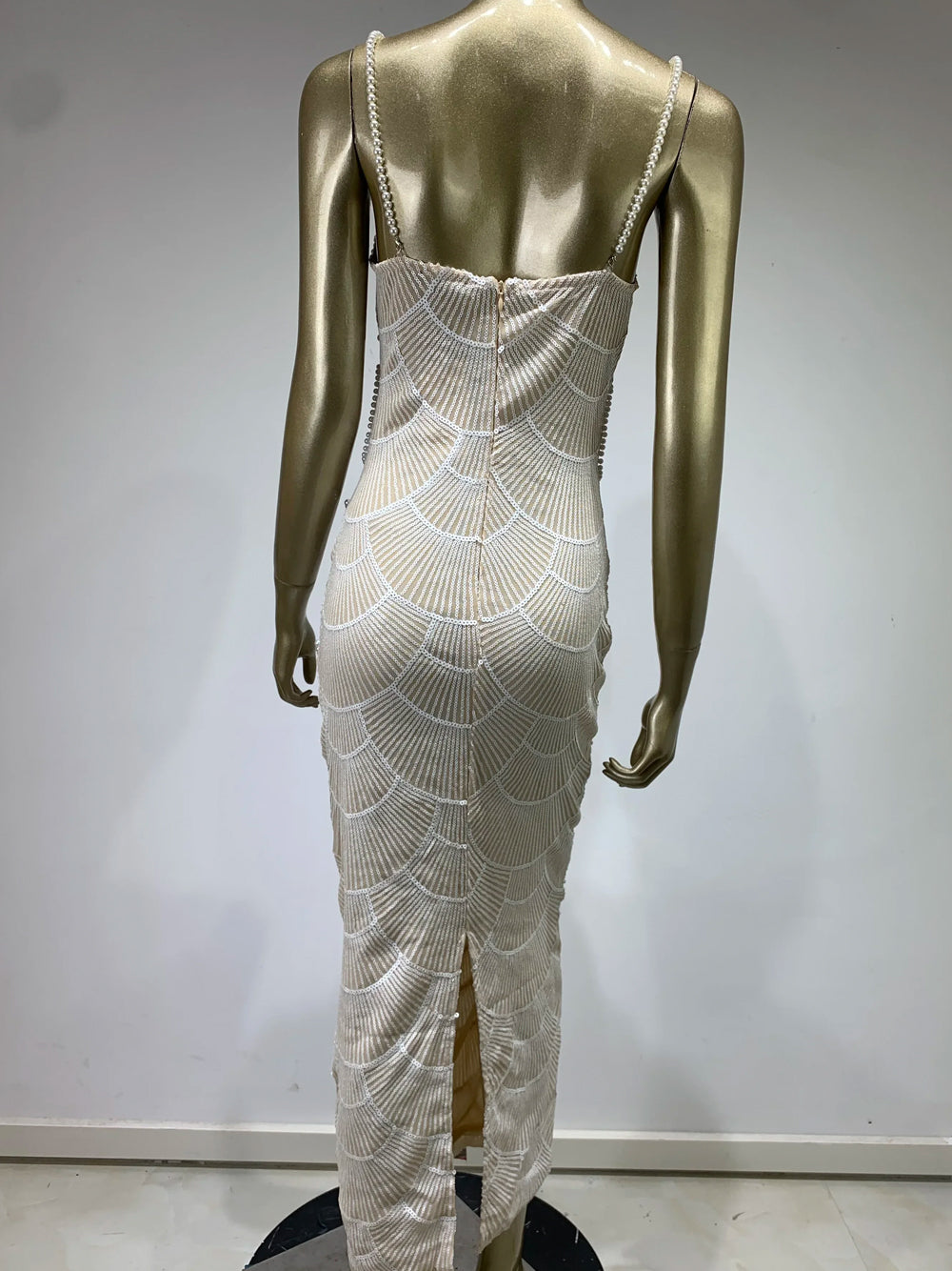 White Sweetheart Neck Pearl Beaded Cutout Bodycon Midi Dress 7