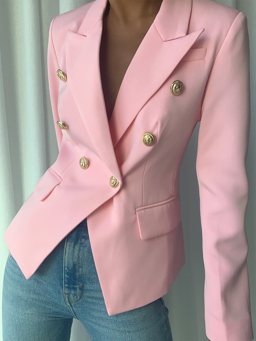 Pink Peak Lapel Gold Button Double Breasted Fitted Blazer 2