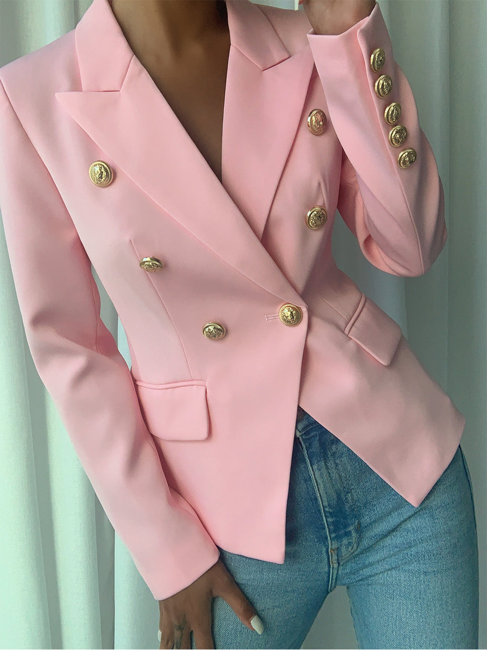 Pink Peak Lapel Gold Button Double Breasted Fitted Blazer