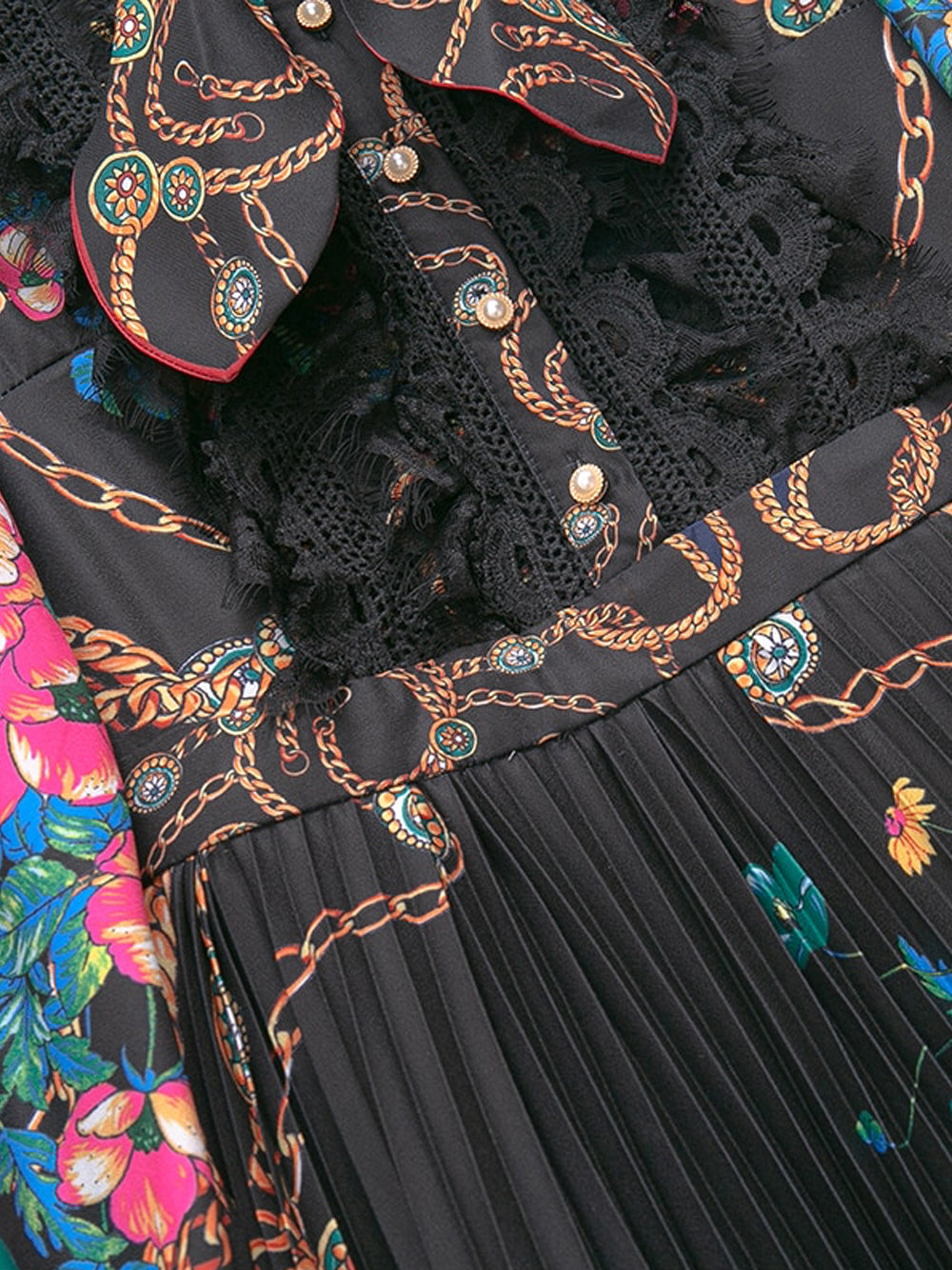 Collared Lace Trim Floral Baroque Print Long Sleeve Pleated Midi Dress 20