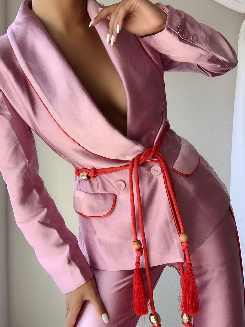 Pink Shawl Collar Contrast Piping Tassel Belt Satin Blazer Pants Set