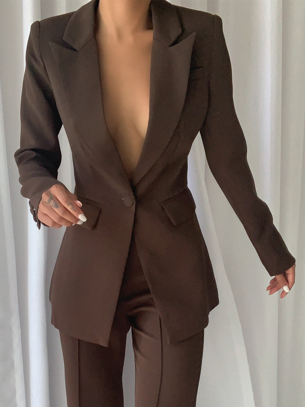 Brown Peak Lapel Tailored Blazer And Flared Pants Set 6