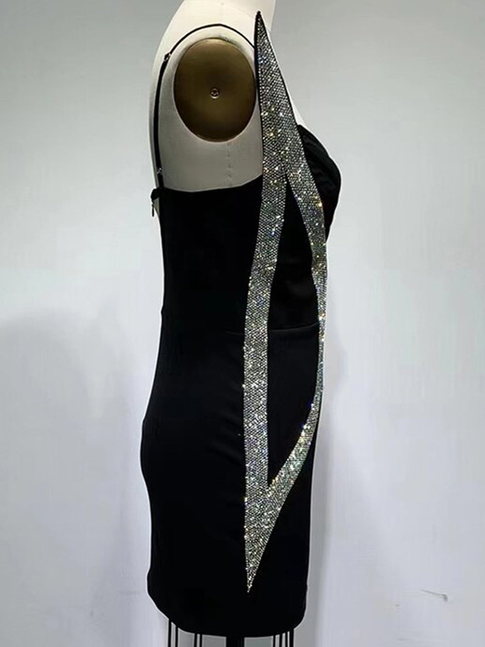 Black Spaghetti Strap Rhinestone Swirl Cutout Bodycon Mini Dress 8
