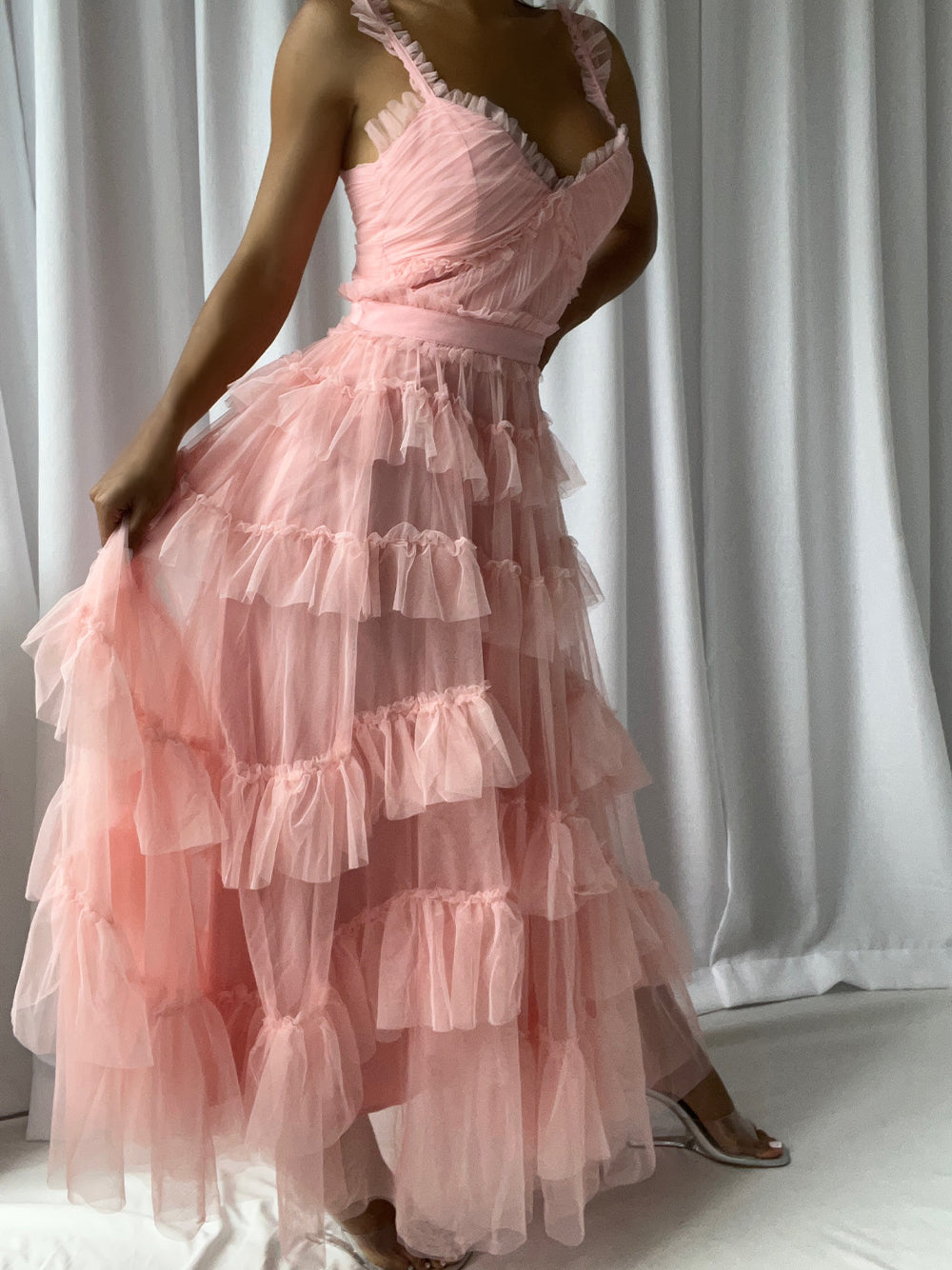Pink Ruffle Strap Sweetheart Tiered Tulle Fit-and-Flare Maxi Dress 2