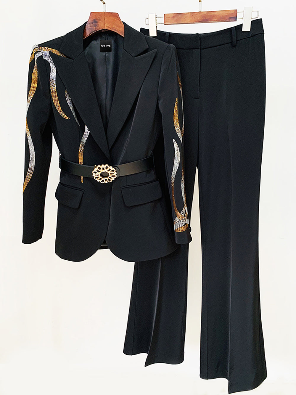 Black Rhinestone Embellished Belted Blazer and Pants Set 5
