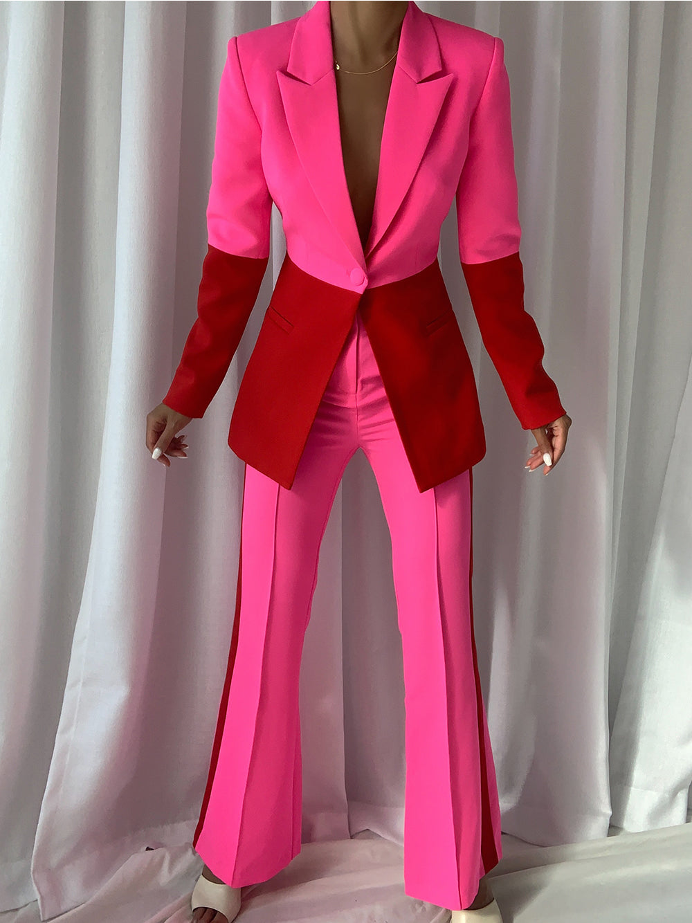 Fuchsia Peak Lapel Color-Block Button Cuff Blazer and Pants Set 7