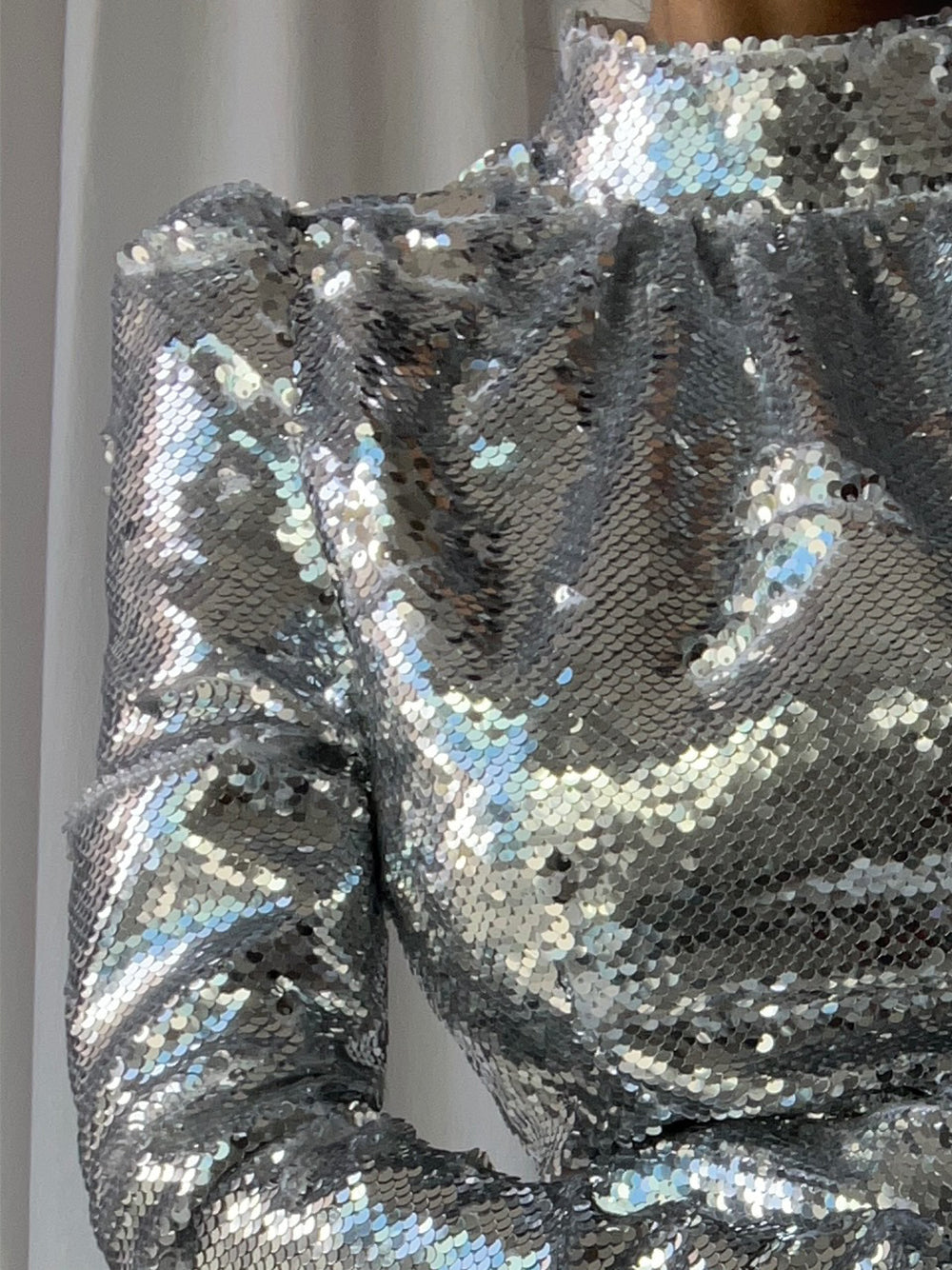 Silver High Neck Puff Sleeve Sequin Ruffle Hem A-Line Mini Dress