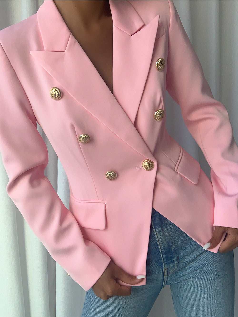 Pink Peak Lapel Gold Button Double Breasted Fitted Blazer 3