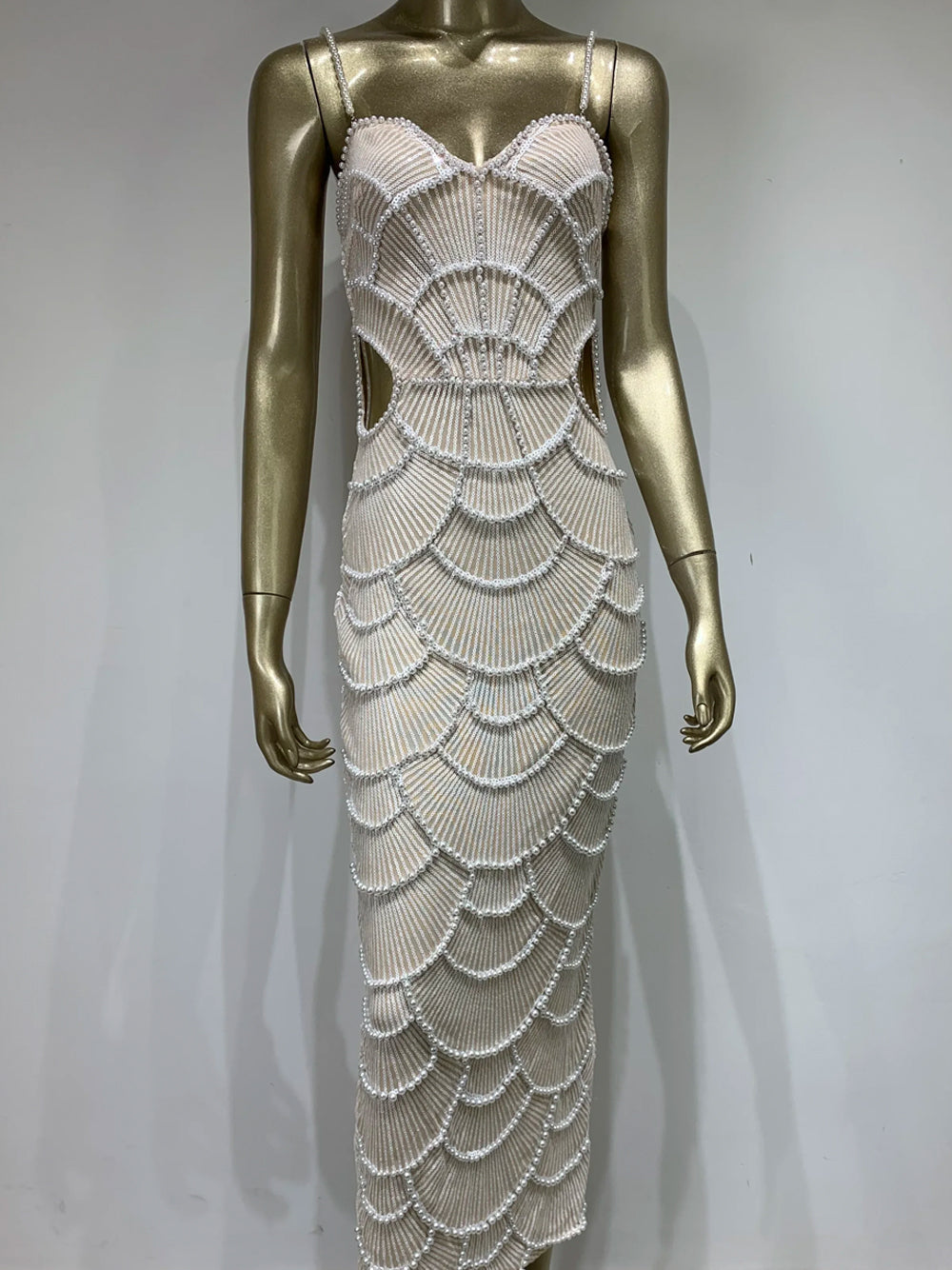 White Sweetheart Neck Pearl Beaded Cutout Bodycon Midi Dress 6
