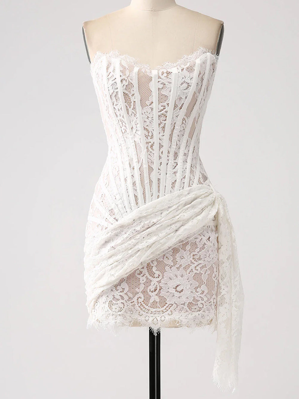 White Strapless Eyelash Lace Corset Ruched Bodycon Mini Dress 8