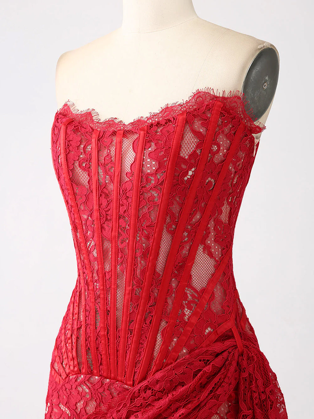 Red Strapless Eyelash Lace Corset Ruched Bodycon Mini Dress 7