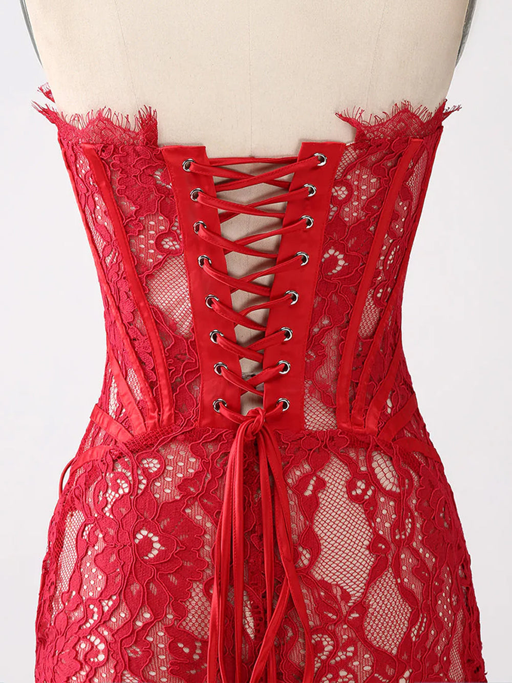Red Strapless Eyelash Lace Corset Ruched Bodycon Mini Dress 11