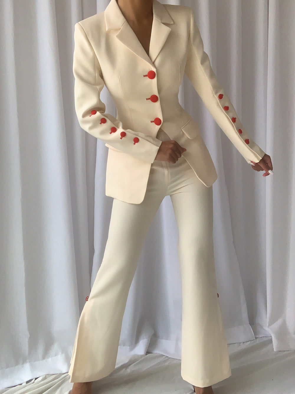Beige Notch Lapel Button Blazer and Flare Pants Set