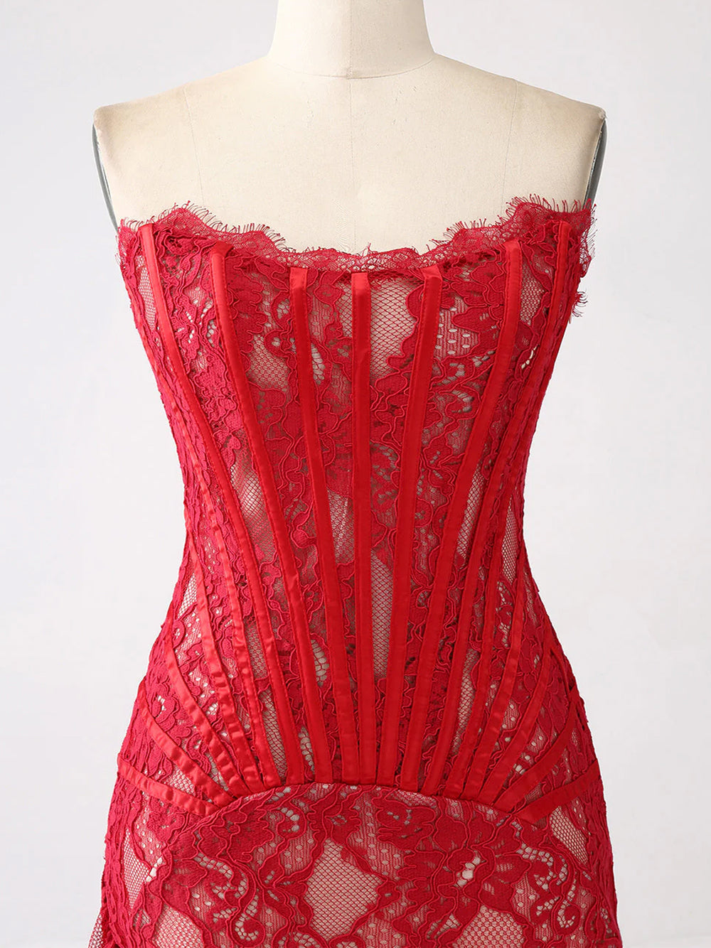 Red Strapless Eyelash Lace Corset Ruched Bodycon Mini Dress 10